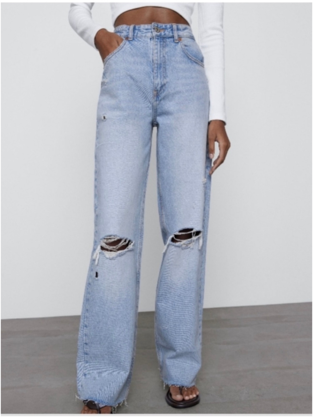 Zara High Rise Wide Leg Distressed Jeans Light Blue Women’s 6